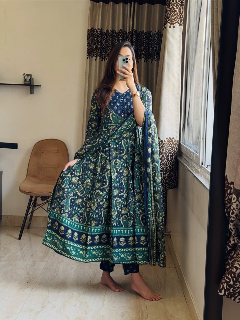 Kashish Rust Brown Paisley Print Anarkali Suit Set with Dupatta