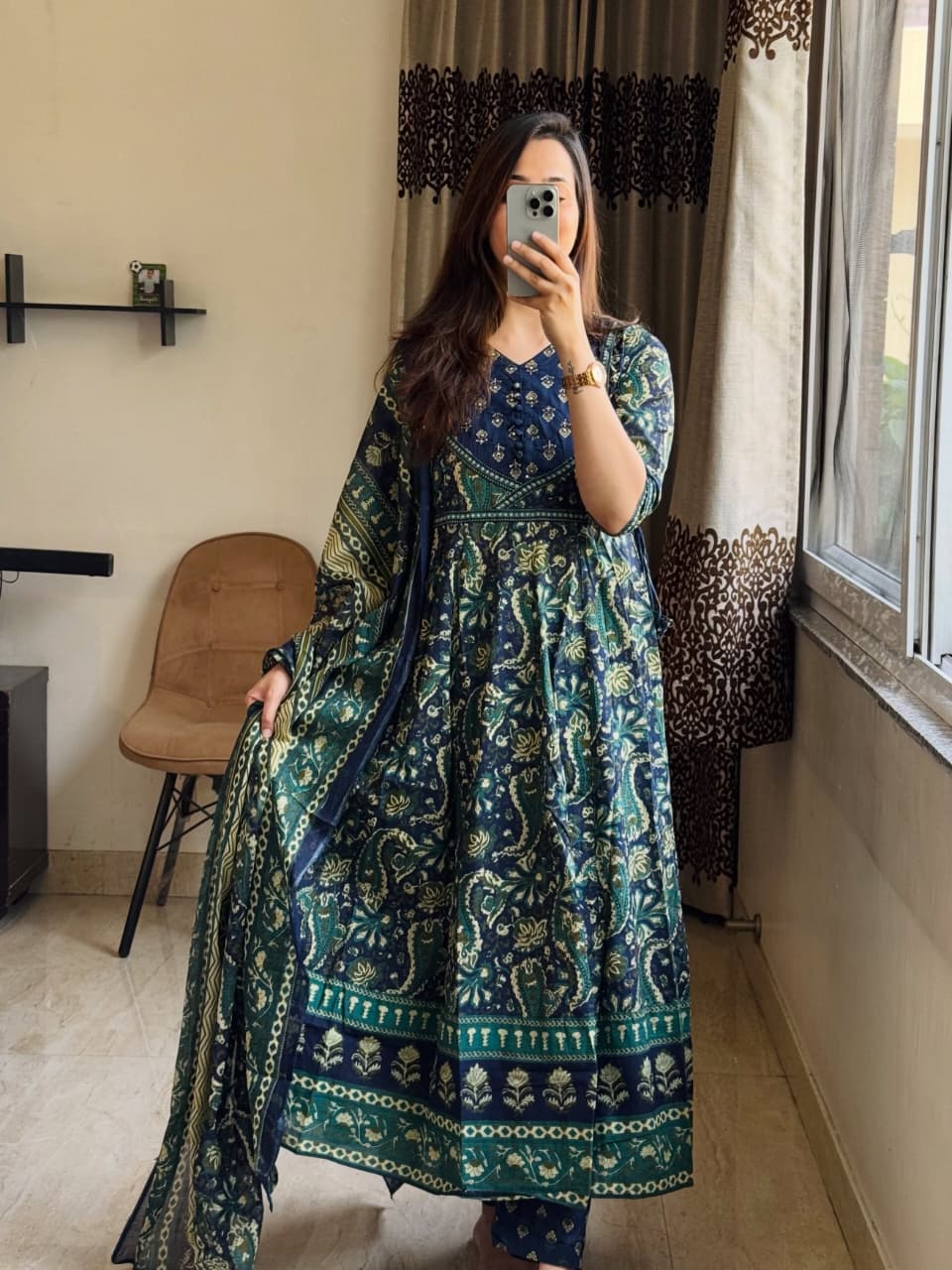 Kashish Rust Brown Paisley Print Anarkali Suit Set with Dupatta