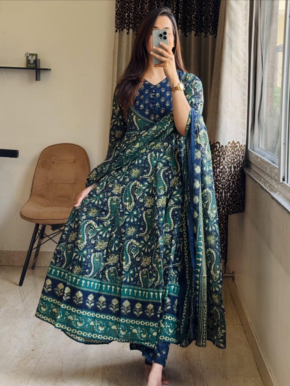 Kashish Rust Brown Paisley Print Anarkali Suit Set with Dupatta