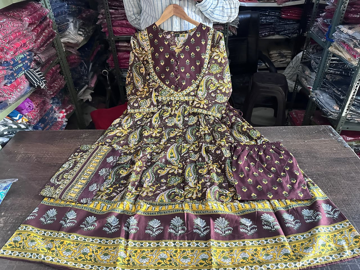 Kashish Rust Brown Paisley Print Anarkali Suit Set with Dupatta