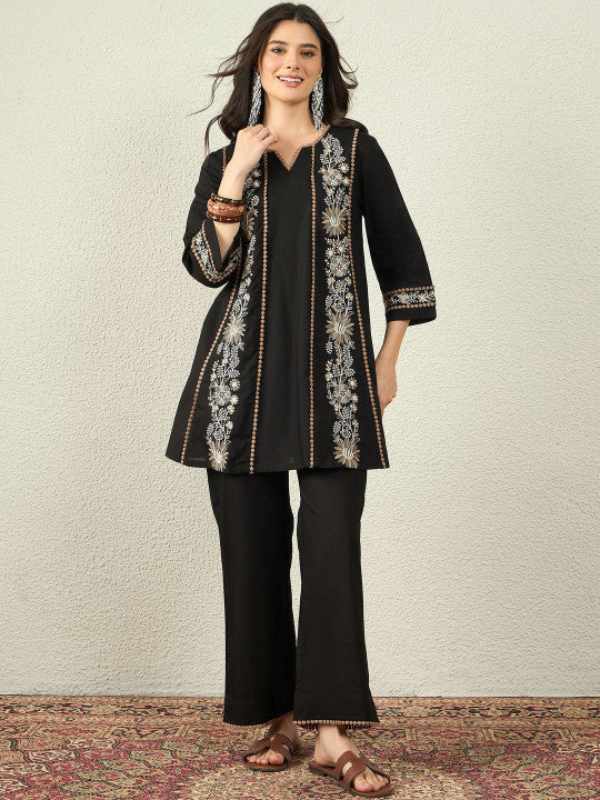 Black Embroidered Kurta Palazzo Set
